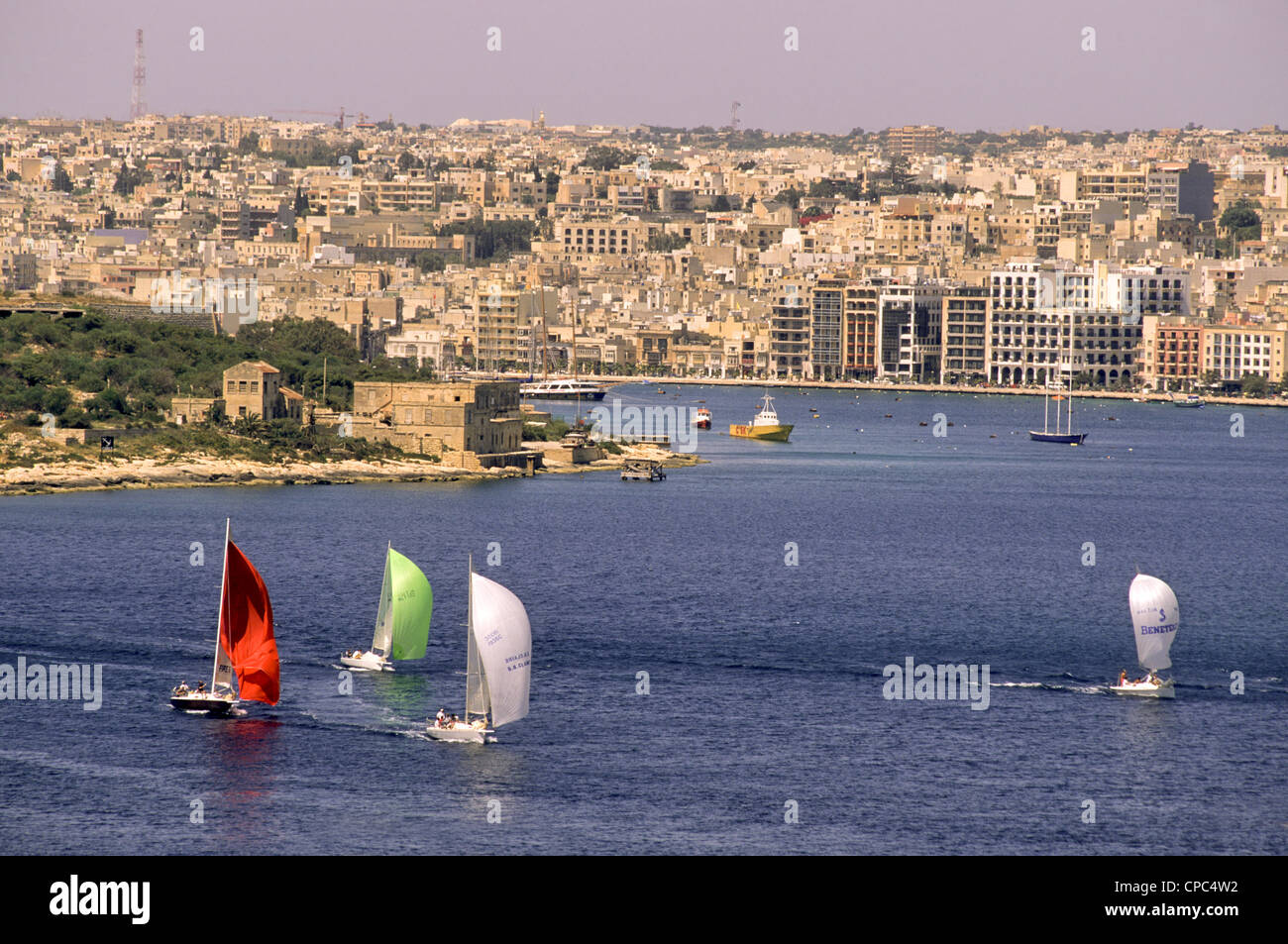 Sliema and Sliema Creek, Malta. View from Saint Elmo Fort, Valletta. Manoel Island on Left, Sail Boats in Harbor. Stock Photo