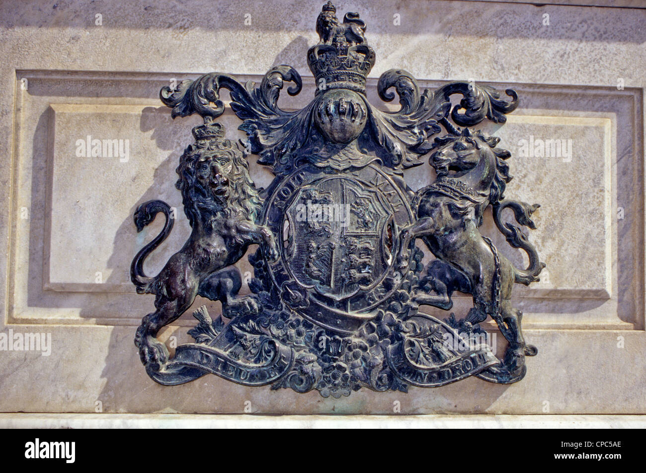 Valletta, Malta. House of Windsor Coat of Arms, Queen Victoria Statue, Republic Square. Stock Photo