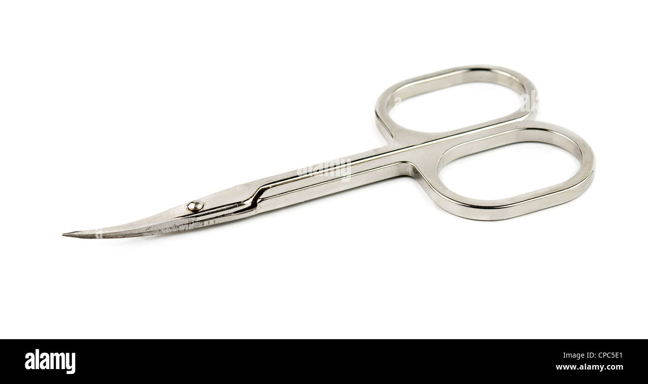 manicure scissors with yellow plastic handles isolated on white Stock Photo