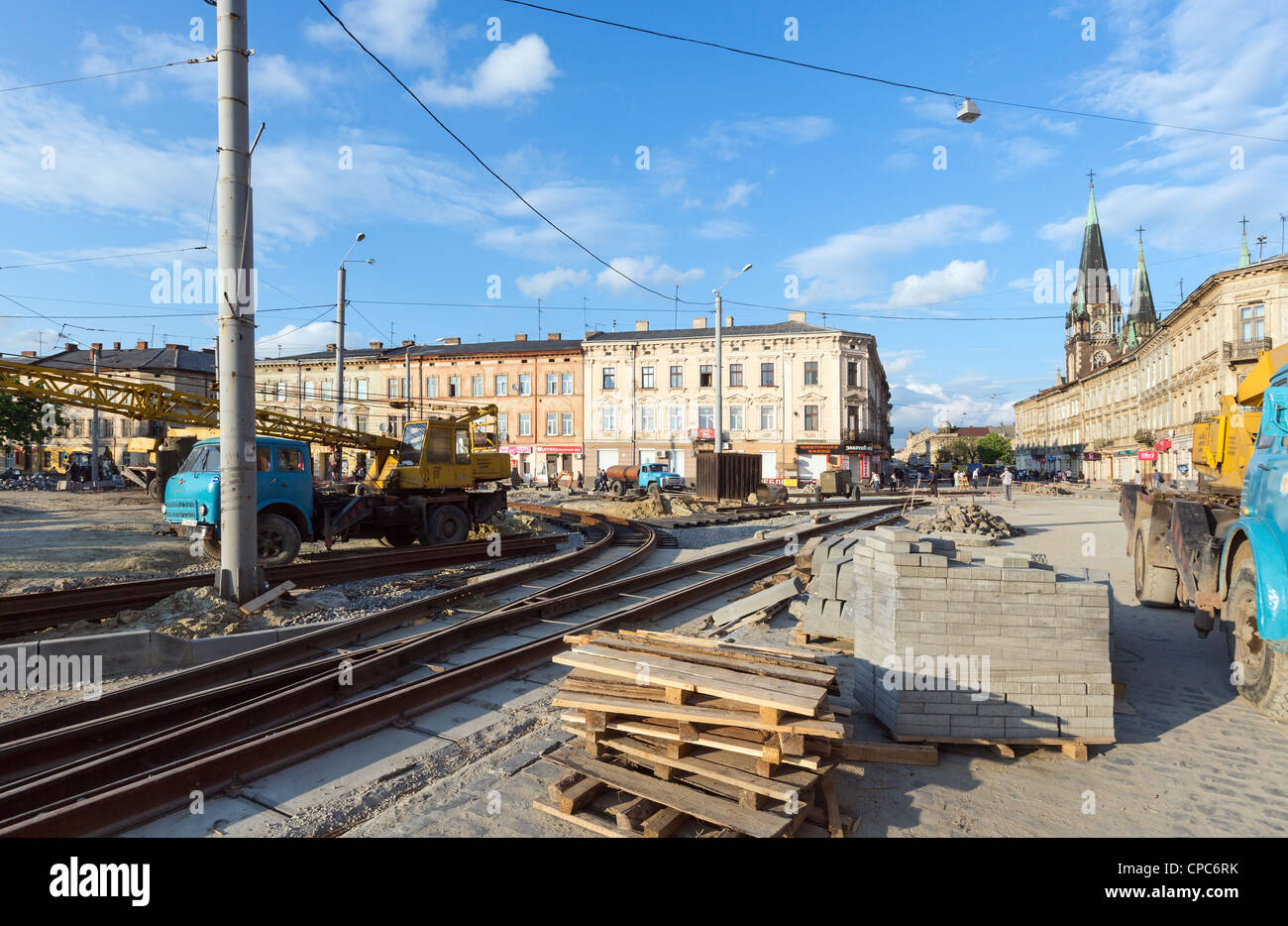 LVIV, UKRAINE - MAY 05: Renovation of a Gorodotsjka Street before Euro 2012 on May 05, 2012 in Lviv City, Ukraine Stock Photo