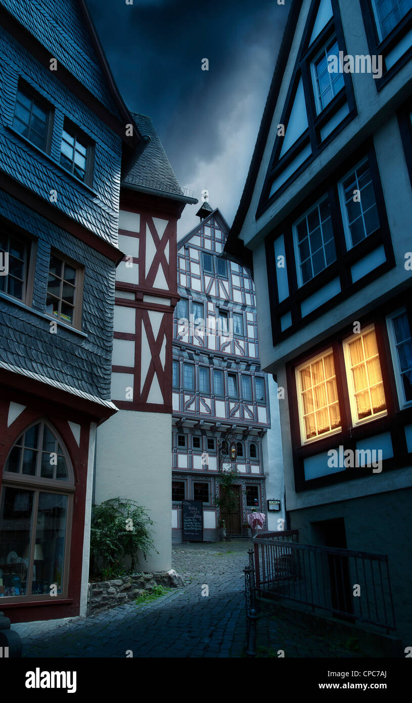 View of a old town with cobblestone. Stock Photo