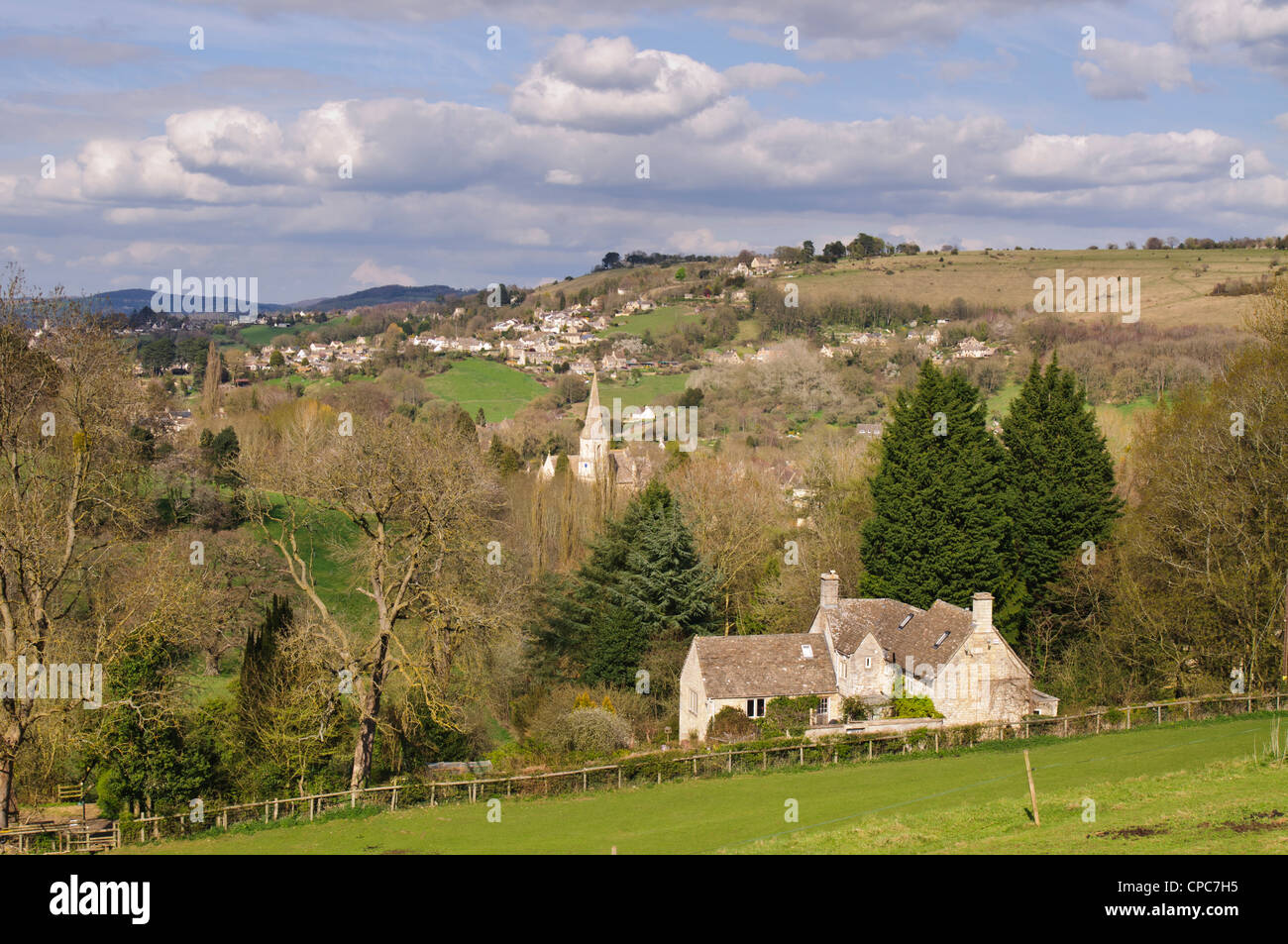 View of The Parish Church of St Mary in Woodchester and Rodborough Common in the background, Gloucestershire, Cotswolds, UK Stock Photo