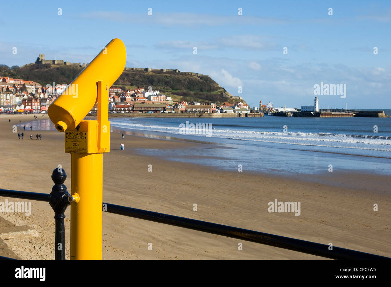 Seaside telescope view at South Bay beach in winter Scarborough coast seafront resort North Yorkshire England UK United Kingdom GB Great Britain Stock Photo