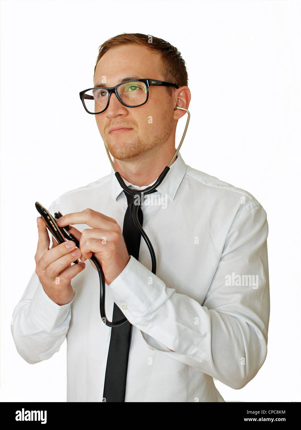 man with broken mobile phone Stock Photo