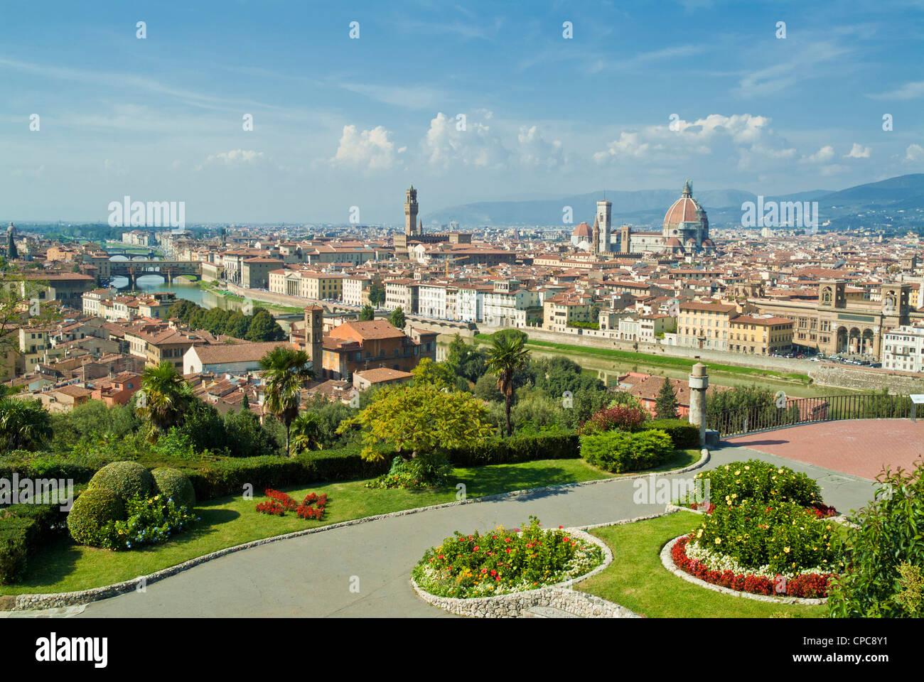 Overview of Florence, Duomo and river Arno from Piazzale Michelangelo Firenze Tuscany Italy EU Europe Stock Photo