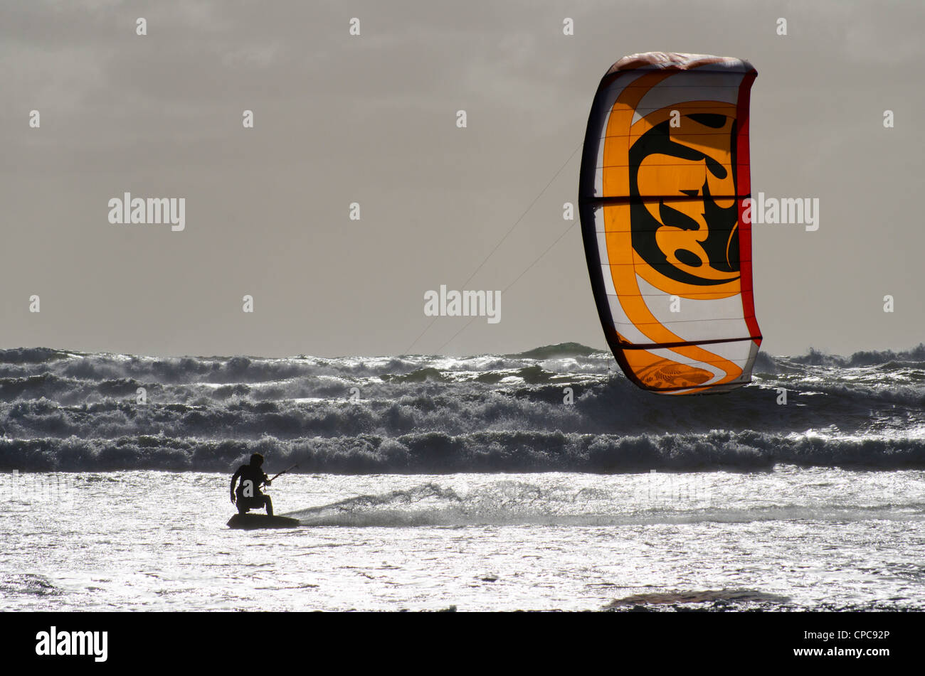 Kite-surfing at Muriwai Beach, North Island, New Zealand Stock Photo