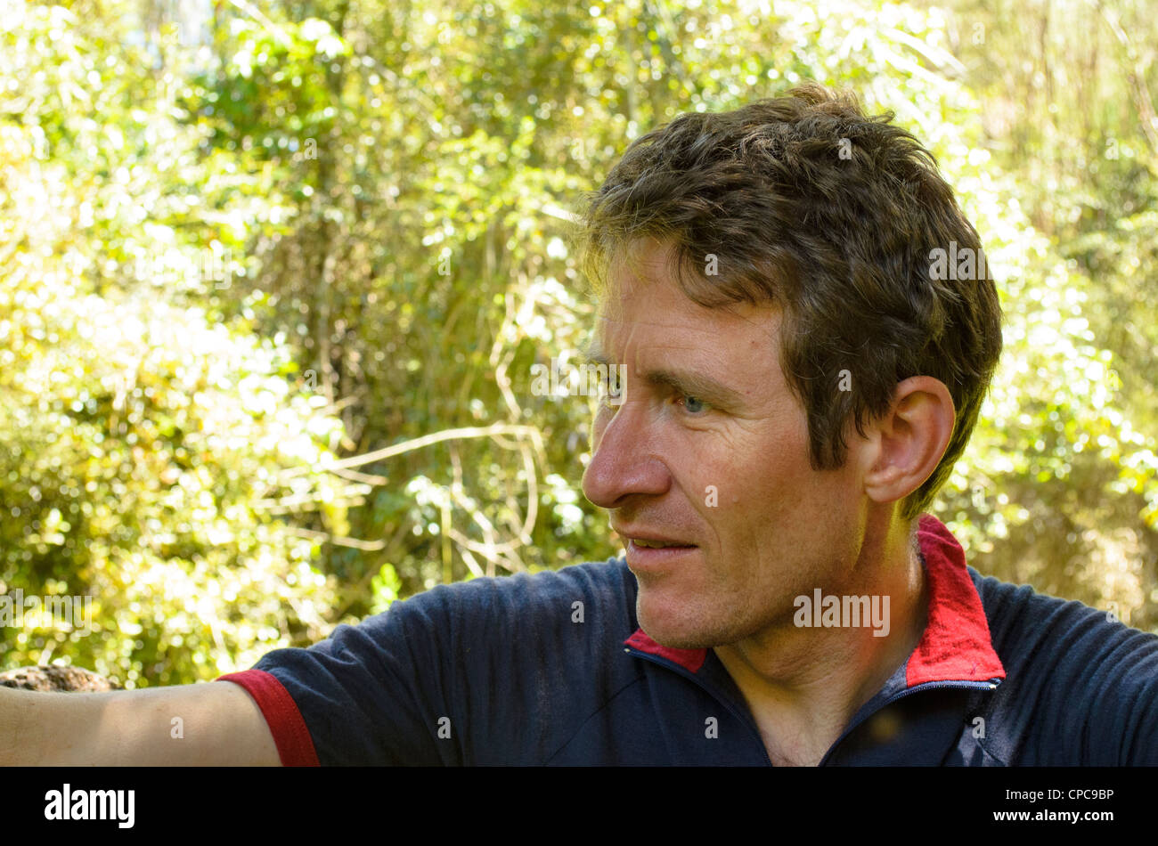 New Zealand mountain bike guidebook author Simon Kennett in Pureora Forest Park, North Island Stock Photo