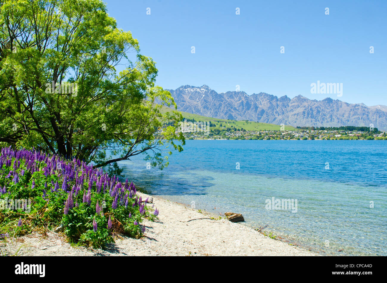 Lake Wakatipu and the peaks of The Remarkables near Queenstown South Island New Zealand Stock Photo