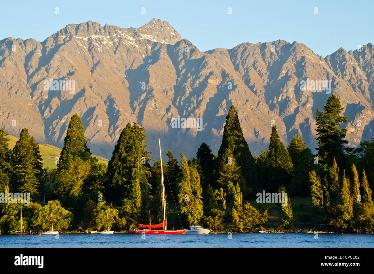 View over Queenstown Gardens to The Remarkables, Queenstown, South Island, New Zealand Stock Photo