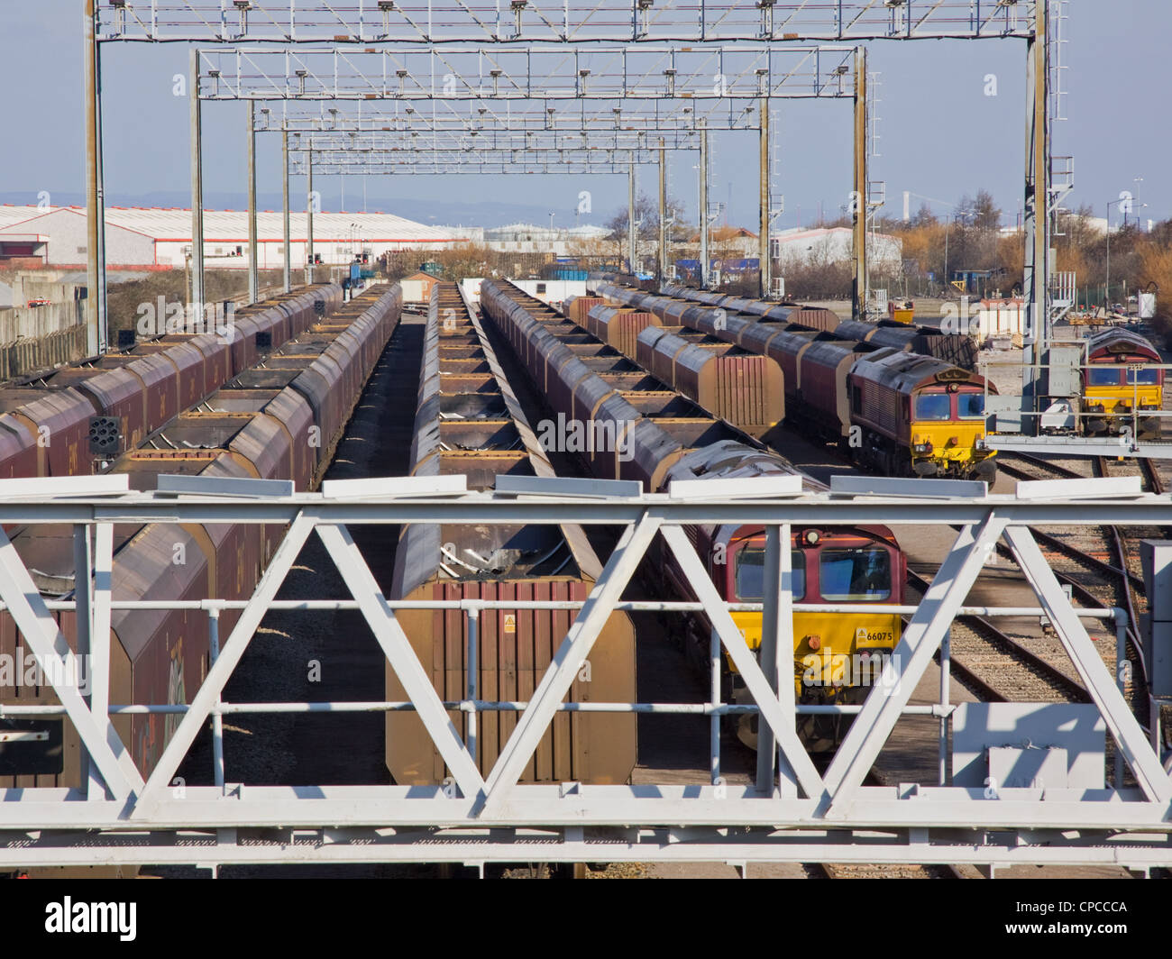 Fleet of coal trains in sidings at Avonmouth docks Bristol UK Stock Photo