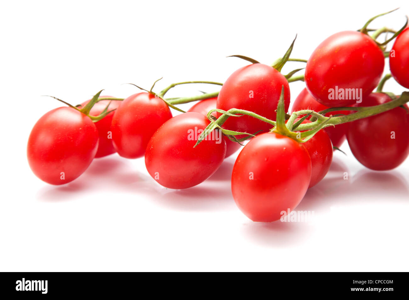 plum tomatoes on the vine on white surface, isolated Stock Photo - Alamy