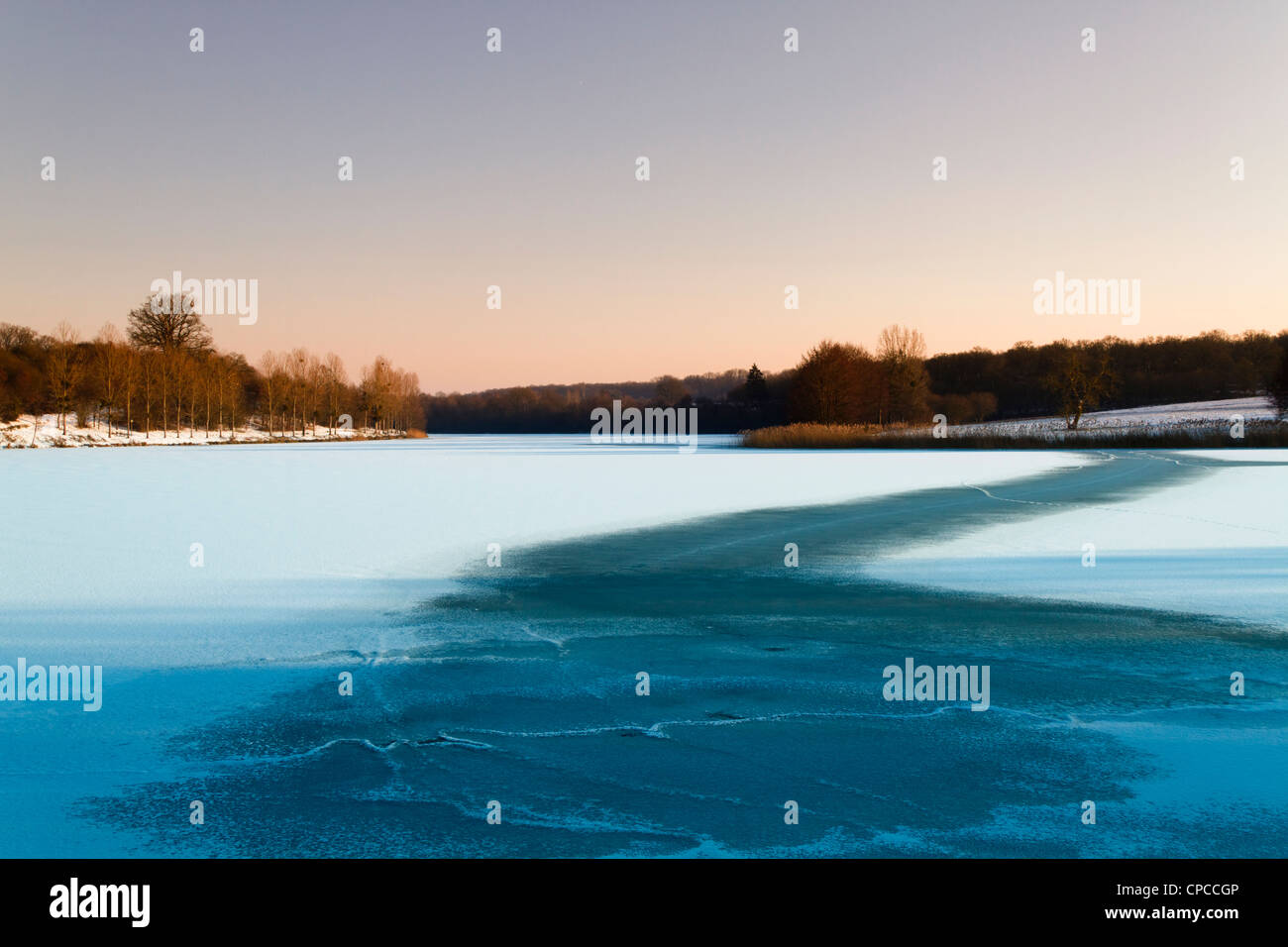 France, Landscape with frozen lake. Stock Photo