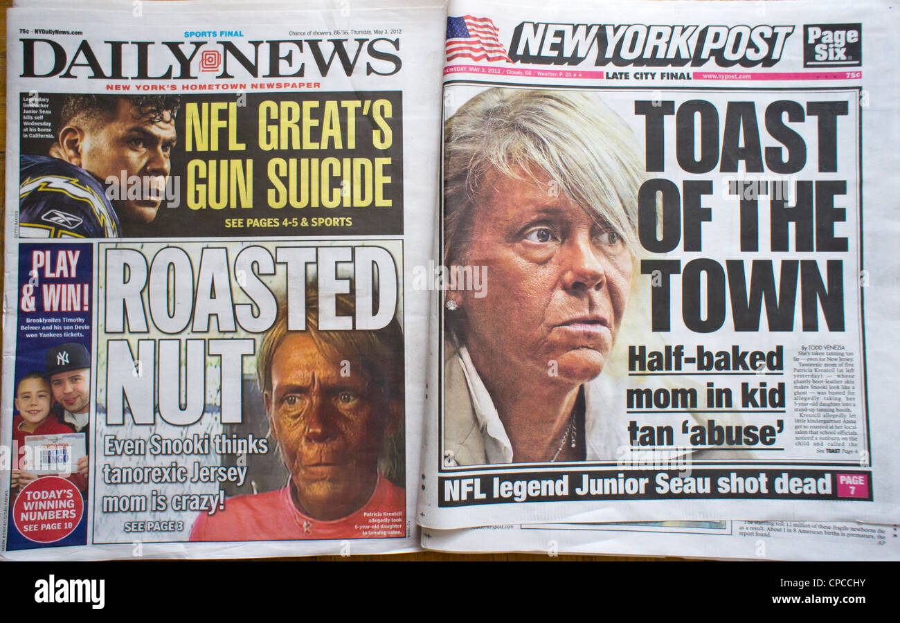 Headlines of New York tabloid newspapers reporting on a well tanned Patricia Krentcil Stock Photo