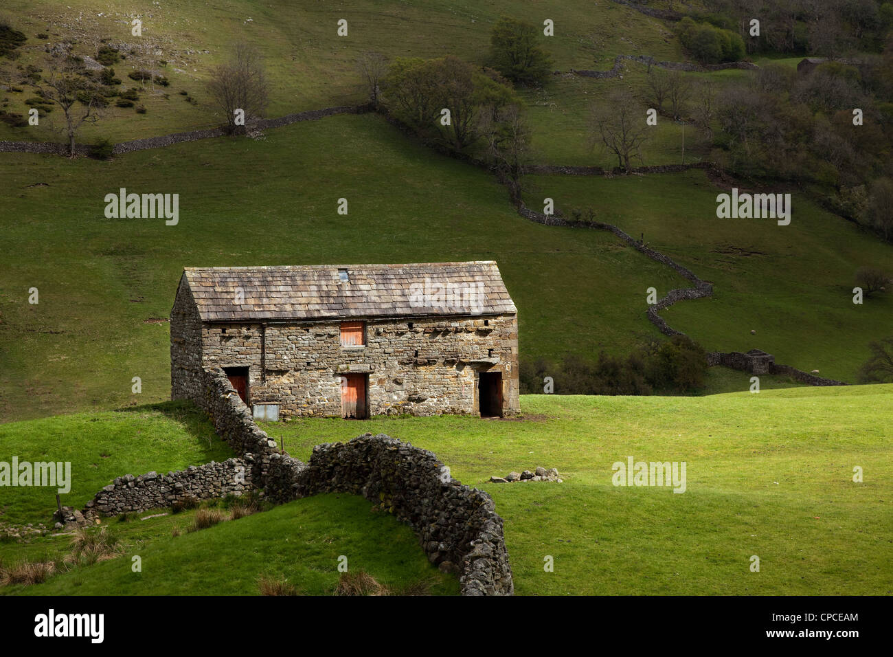 Stony Limestone Barns in the Landscape and Countryside of Gunnerside, Swaledale, Yorkshire Dales National Park. U Stock Photo