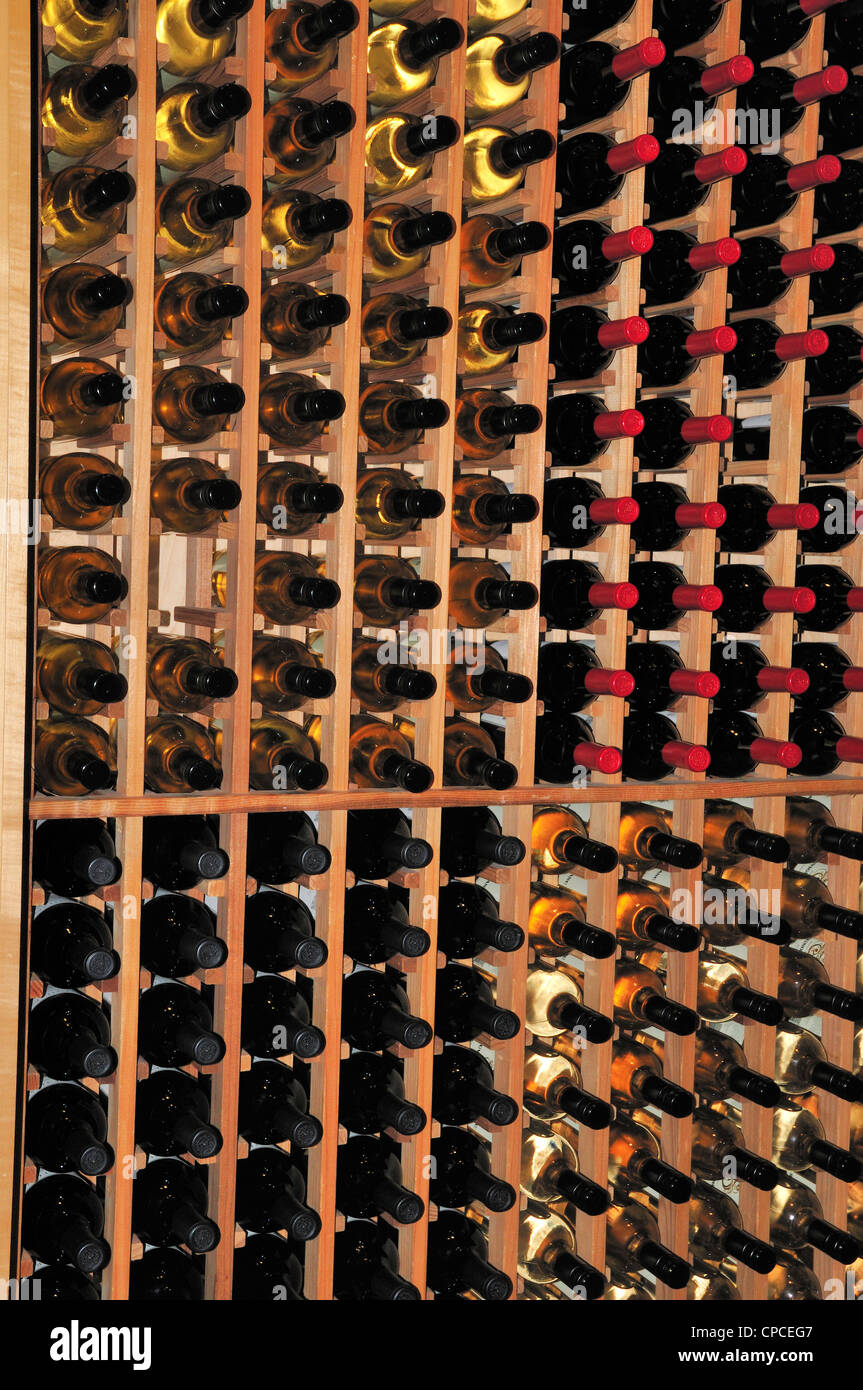 Stacks of filled wine bottles at the Stuart Cellars winery, Temecula