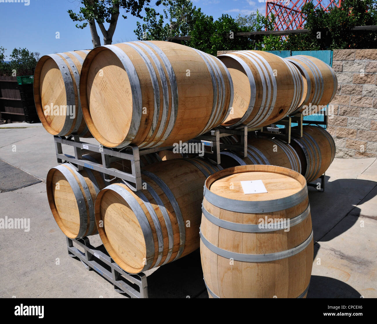 Stacked wine barrels outside the Thornton winery Stock Photo Alamy
