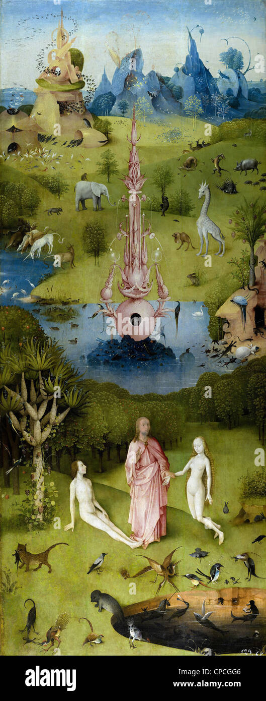 Hieronymus Bosch The Garden of Earthly Delights (left panel) - Heaven 1504 Prado museum - Madrid Stock Photo