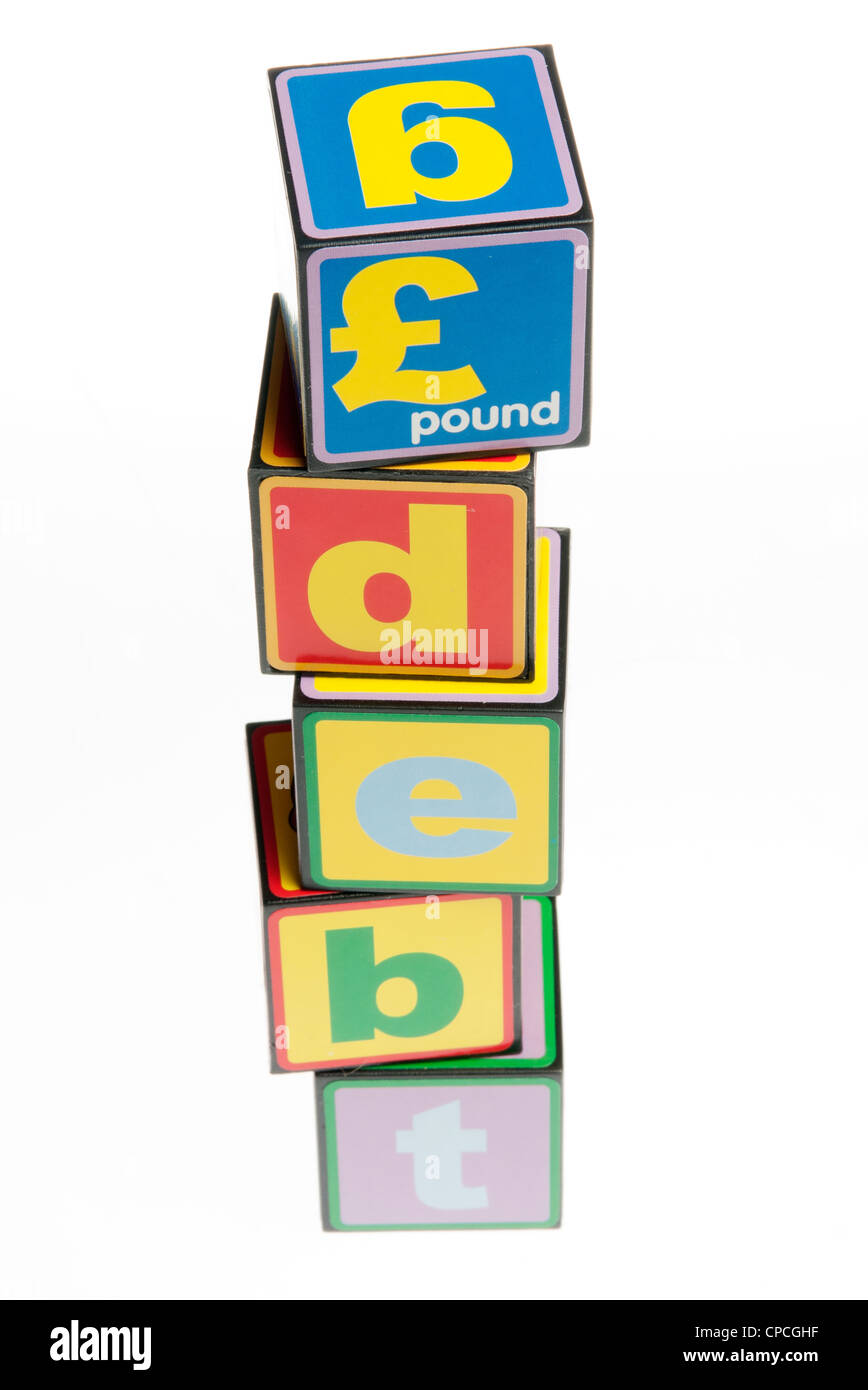 debt concept with toy building blocks Stock Photo