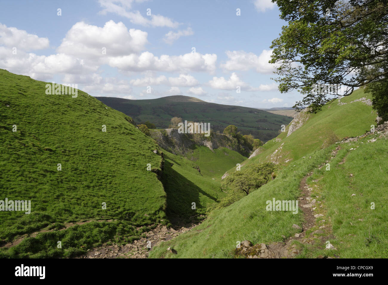 Cave dale at castleton in Derbyshire England with Peveril Castle