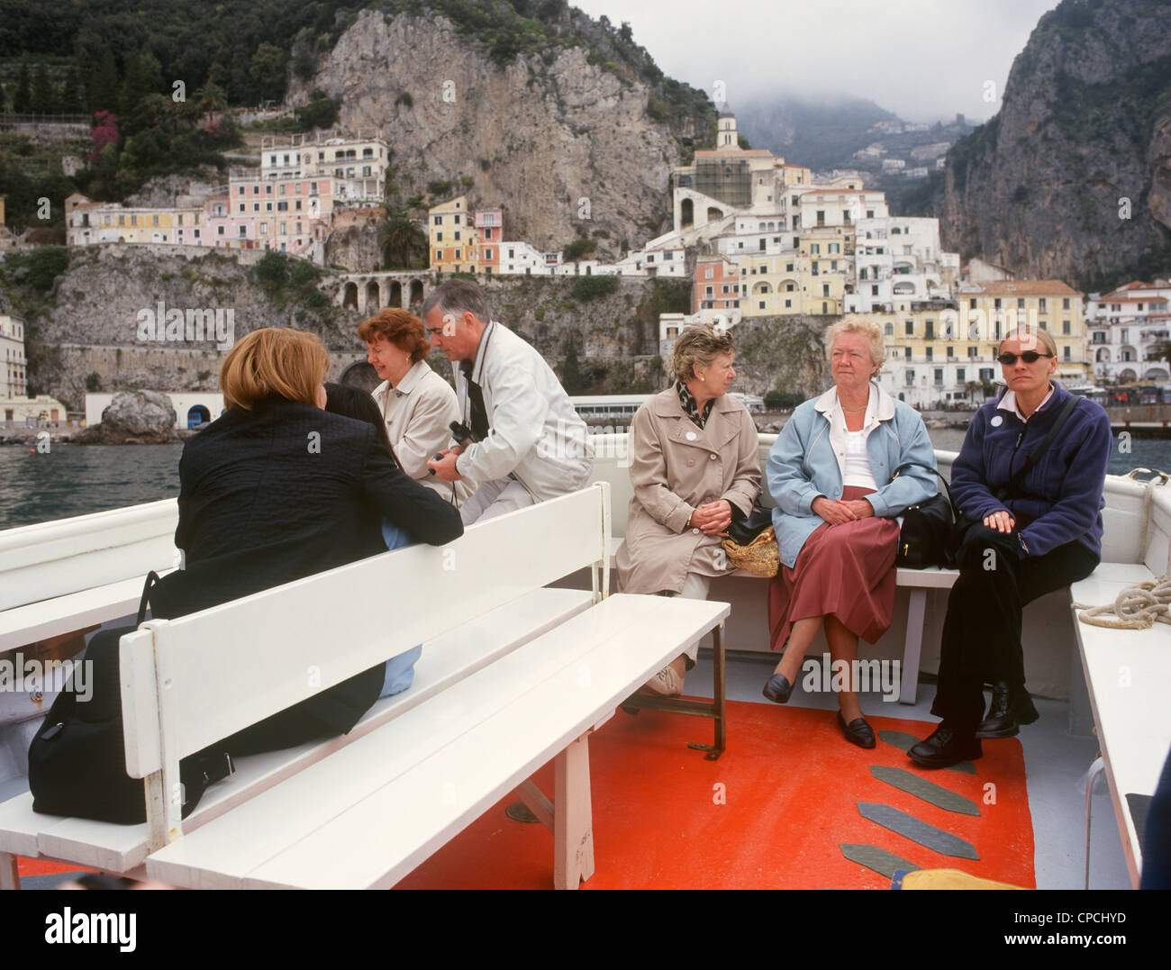 Italy Campania Amalfi Coast Tourists on Sightseeing boat  Stock Photo