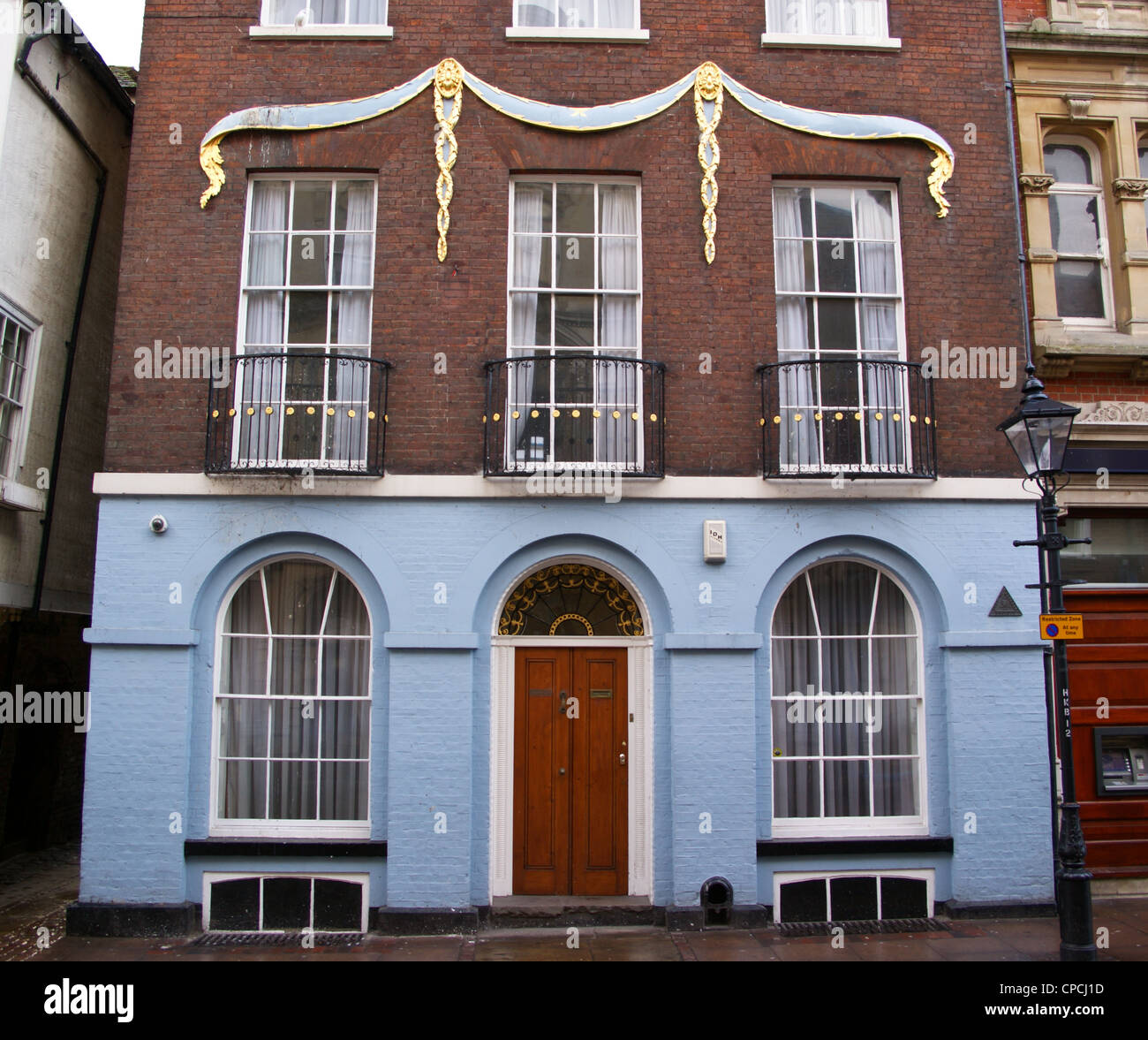 Georgian house with blue and gold swags, Rochester, Kent, England Stock ...