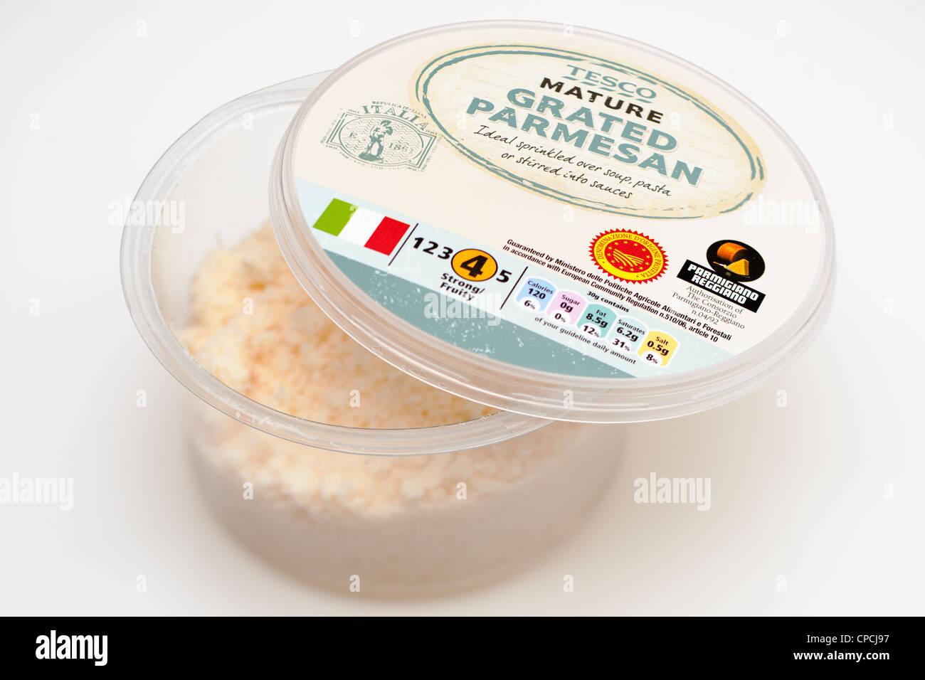 Carton of Tesco mature greated Parmesan cheese Stock Photo