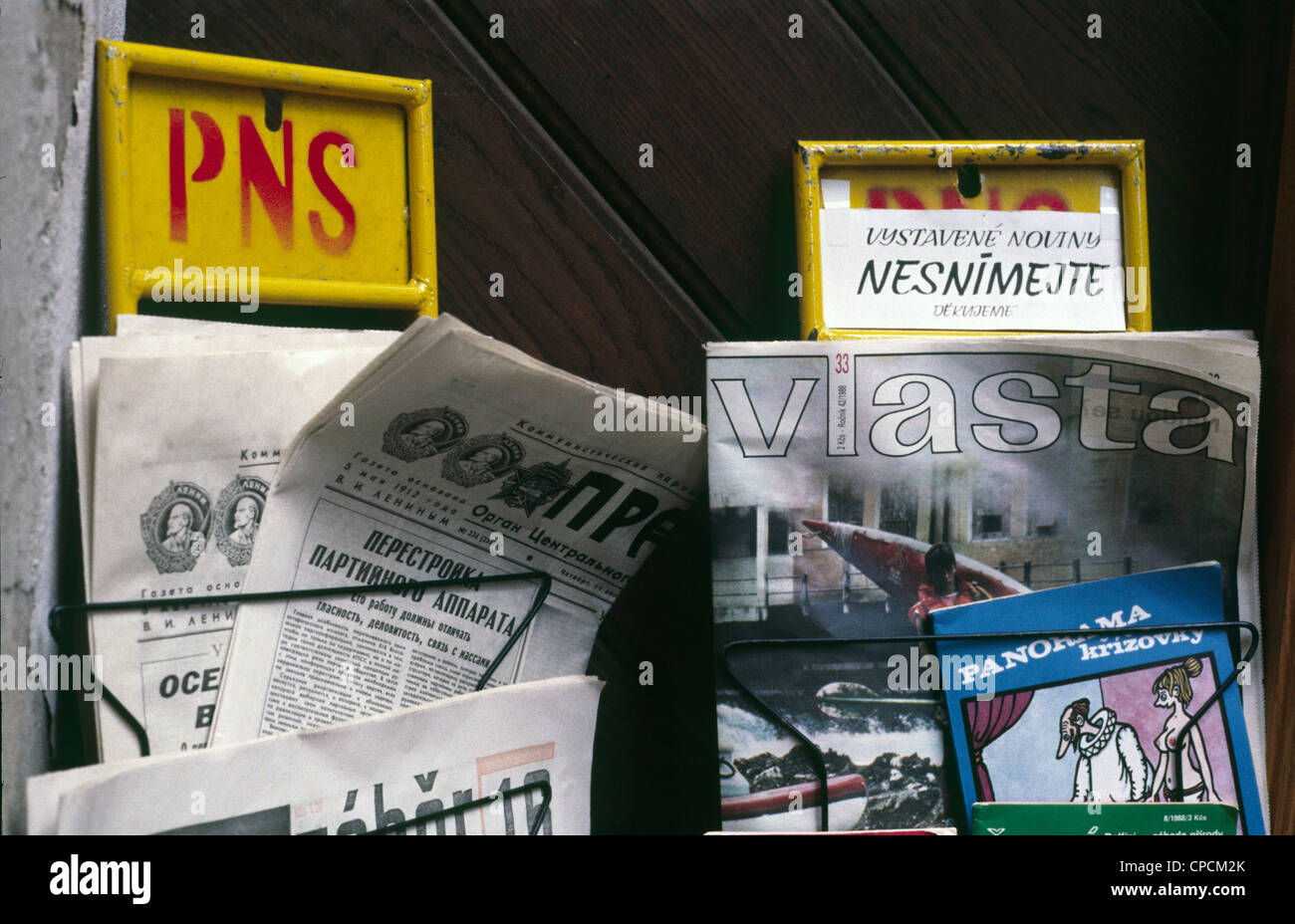 Russian and Czech newspaper on newstand. Prague - Czech capital in last decade of communist regime. Photo taken in 1988. year. Stock Photo