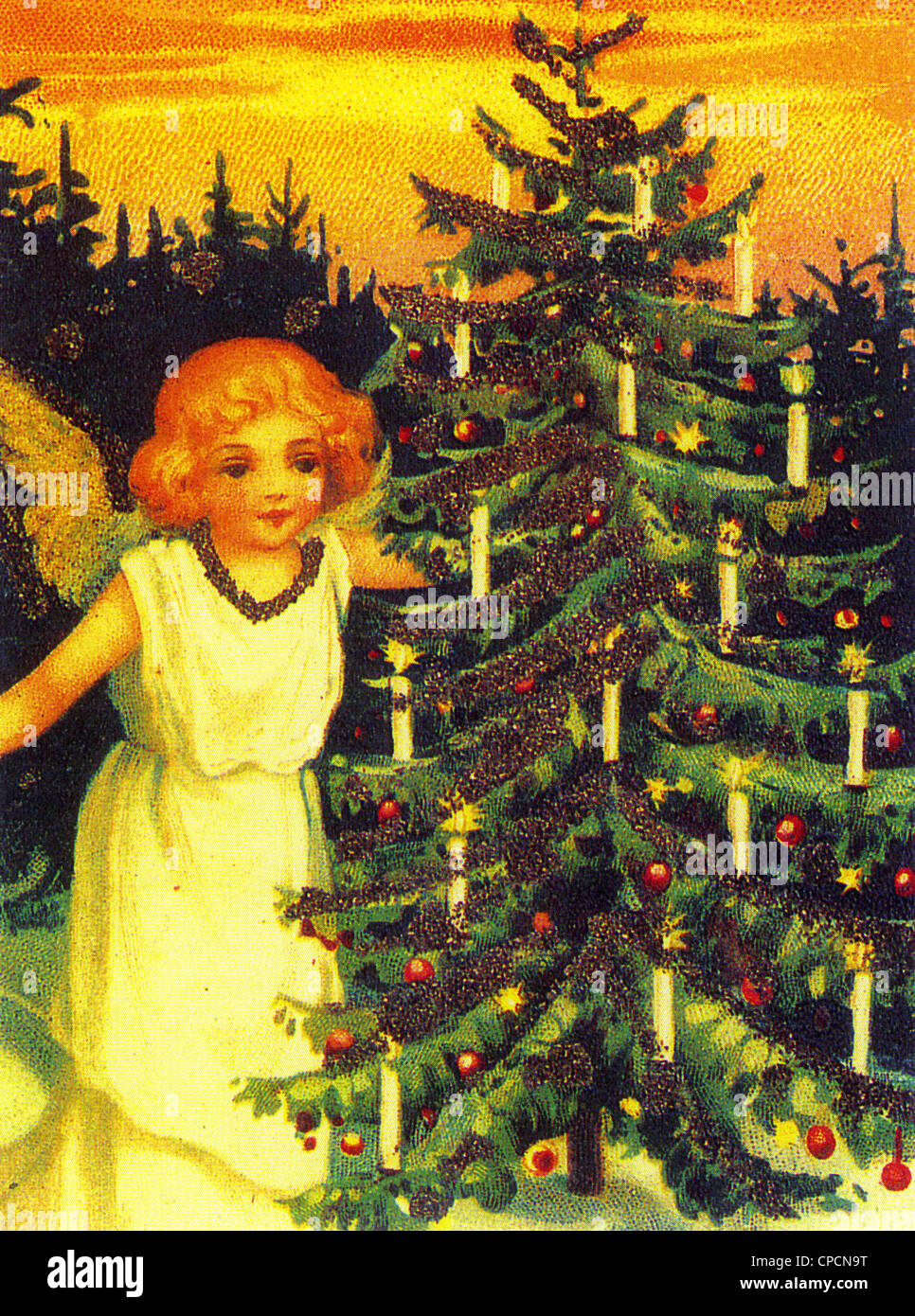VICTORIAN CHRISTMAS TREE with angel Stock Photo