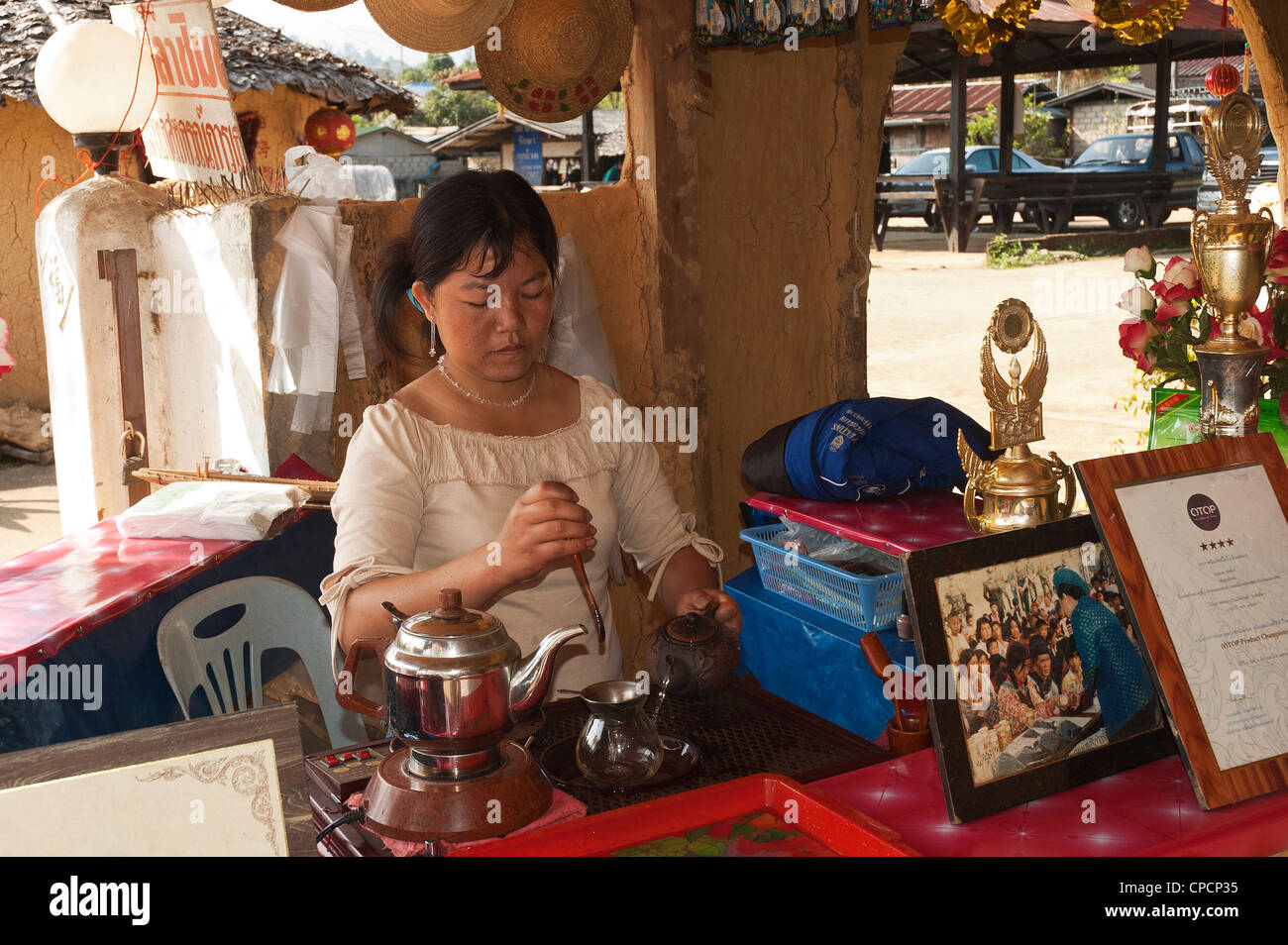 Elk208-3494 Thailand, Mae Hong Son area, Mae Aw, tea shop interior ...