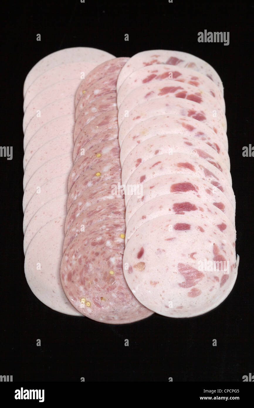 Slices of German Sausage Meat - Bierwurst extrawurst schinkenwurst Stock Photo
