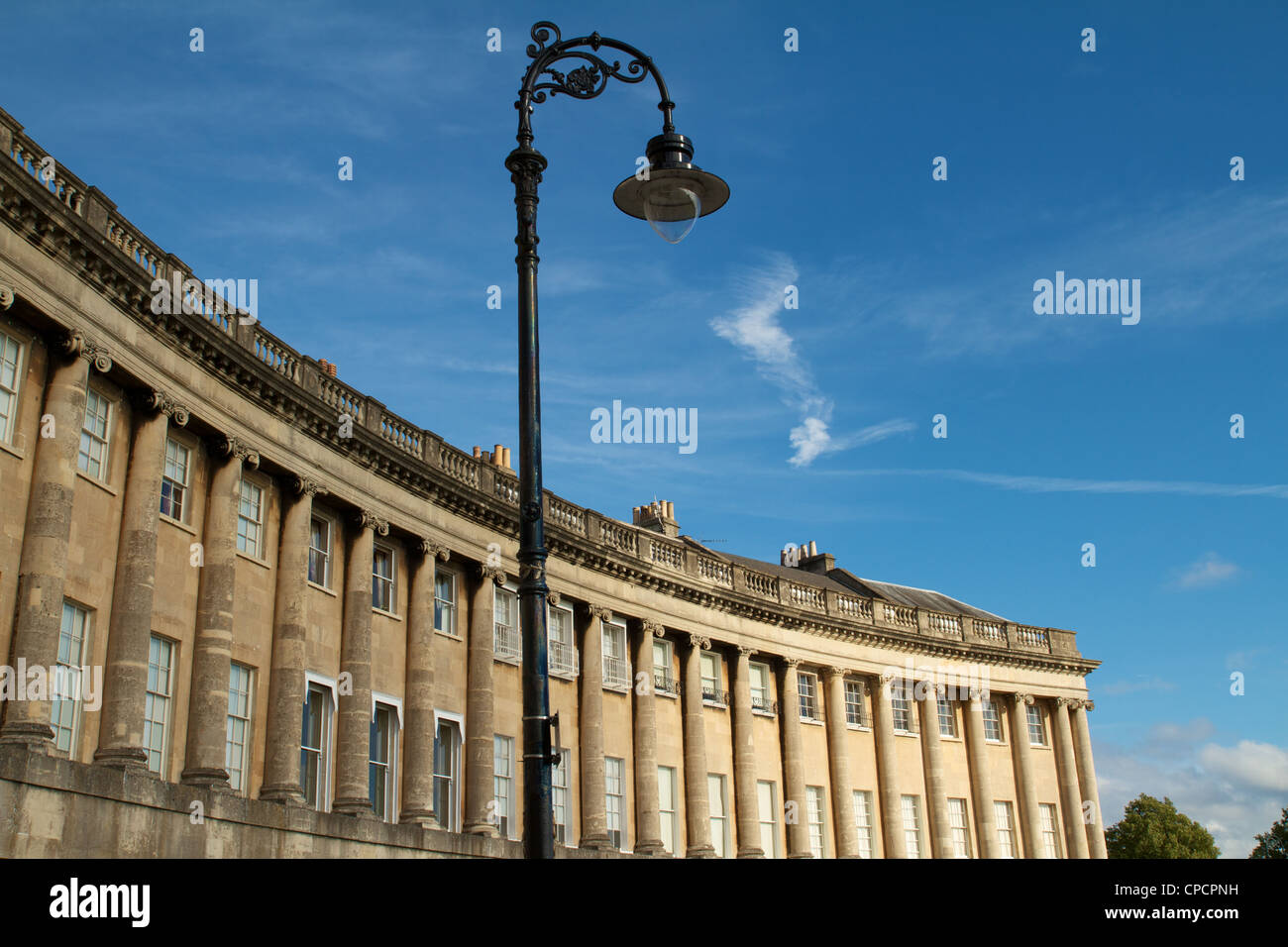 Lamp post and houses in Royal Crescent, Bath, England Stock