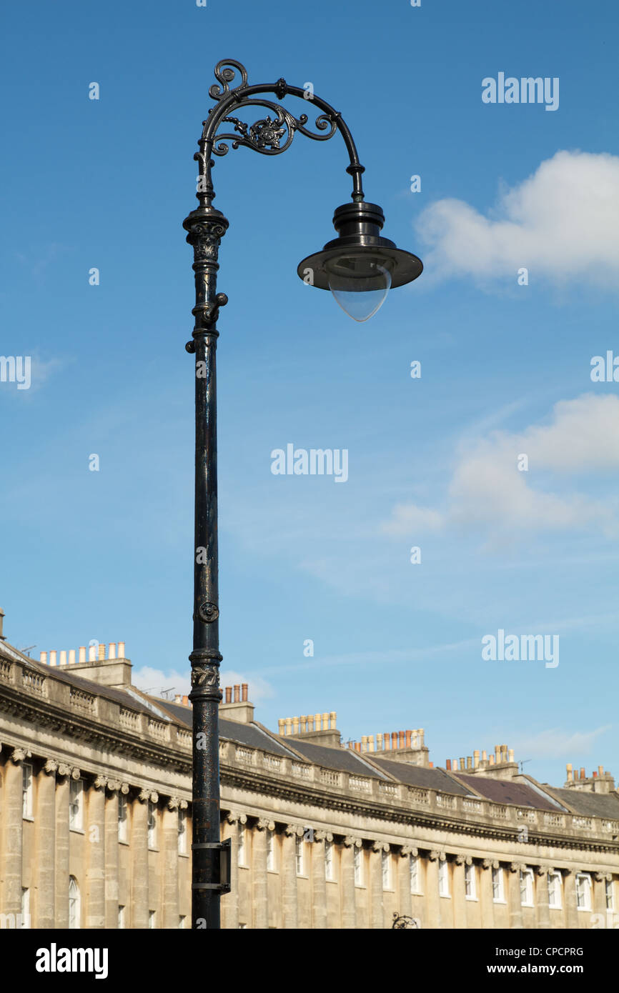 Lamp post and Georgian houses in Royal Crescent, Bath, England Stock Photo