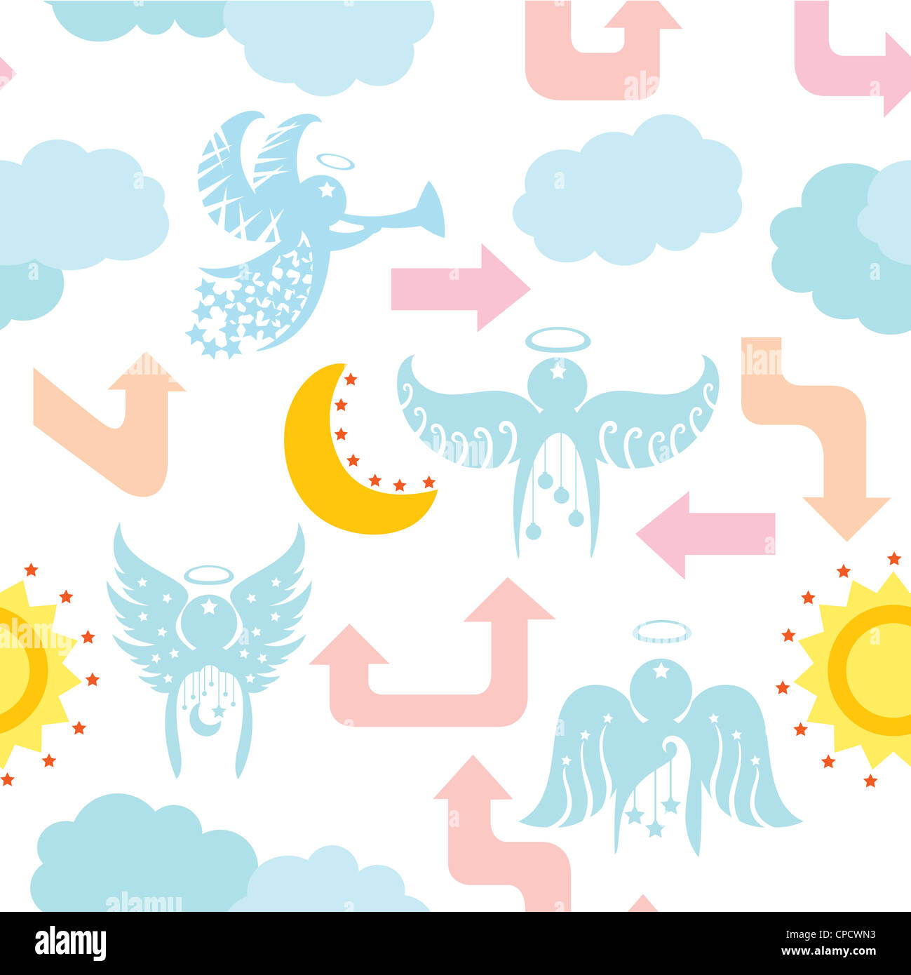 A seamless pattern of angels with arrows head pointing up and down, depicting heaven. Stock Photo