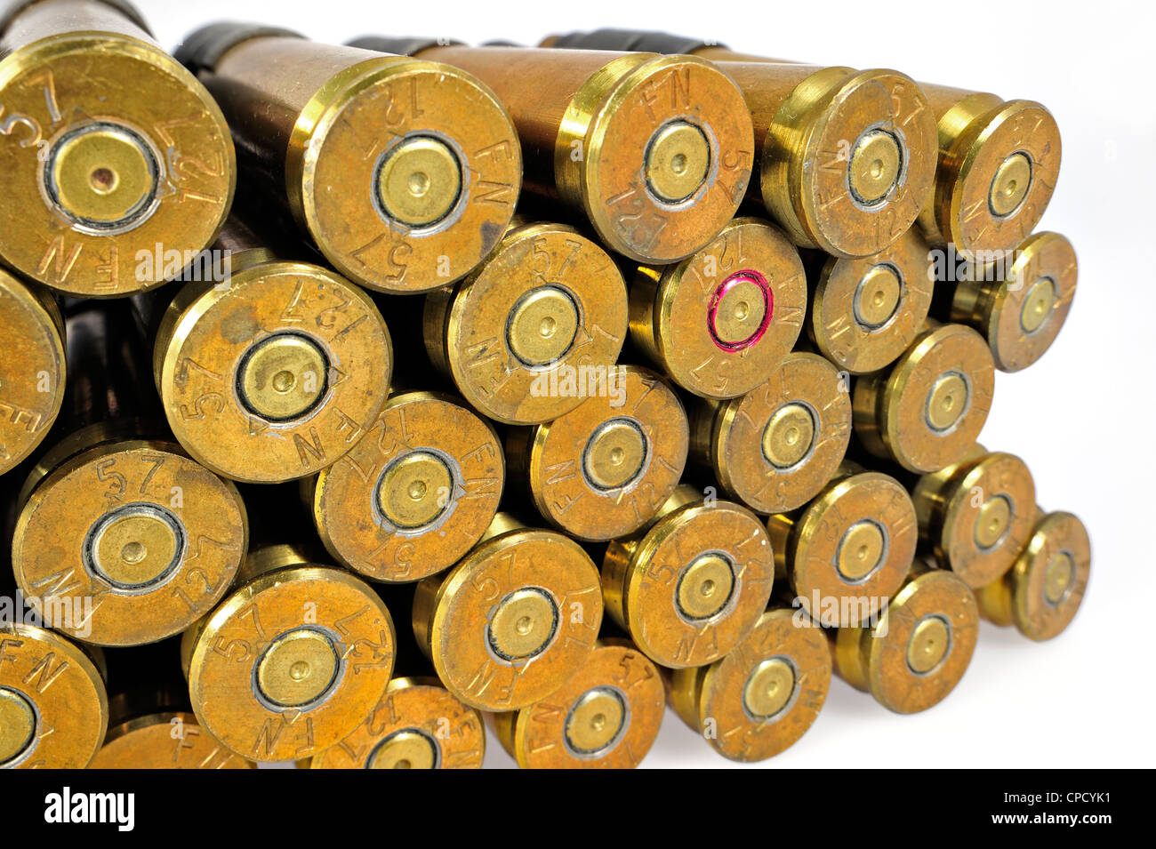 Primers of M2 Browning .50 caliber machine gun cartridges in ammunition  belt made by FN Herstal weapon factory in Belgium Stock Photo - Alamy