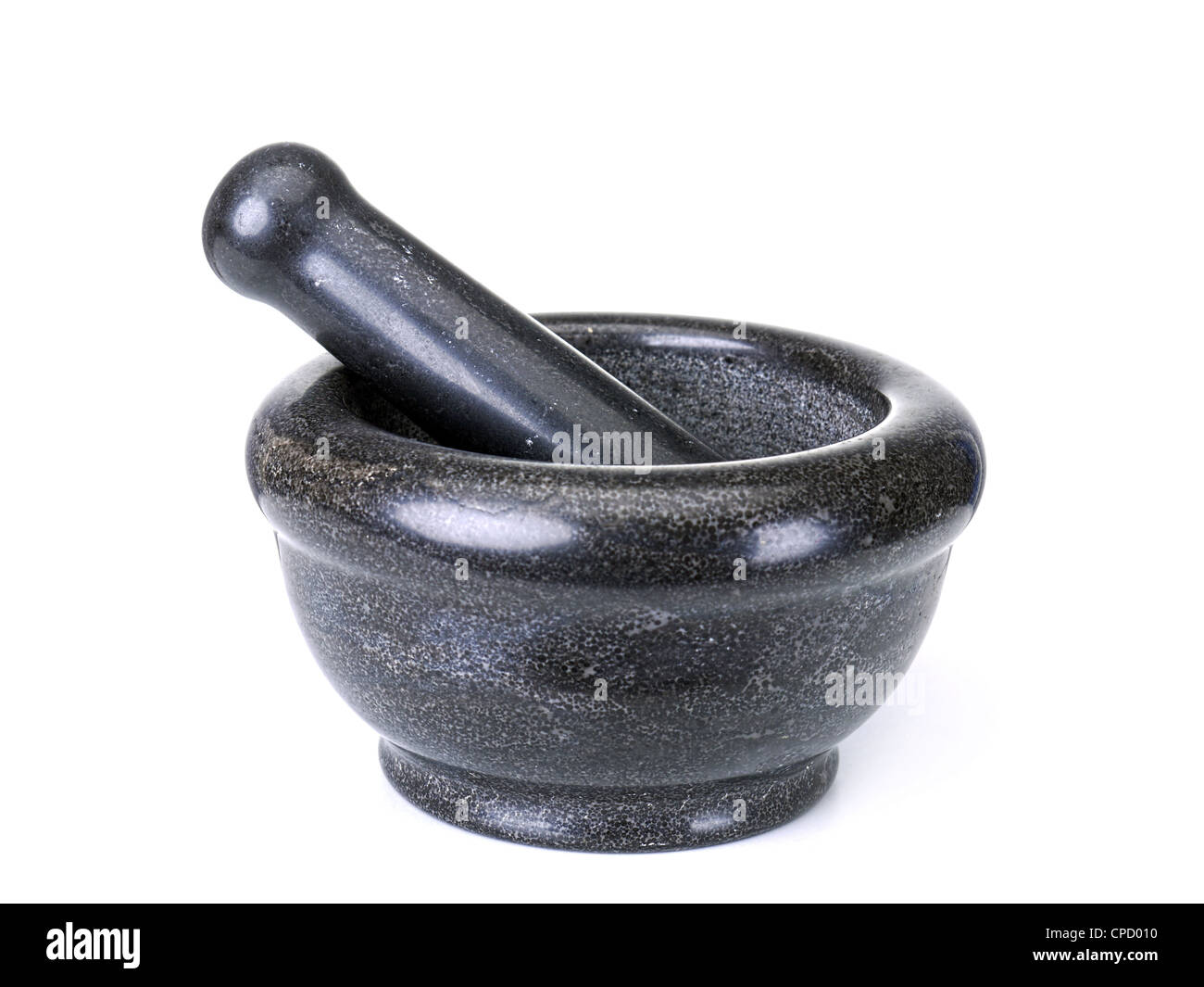 Black granite mortar and pestle on white background Stock Photo