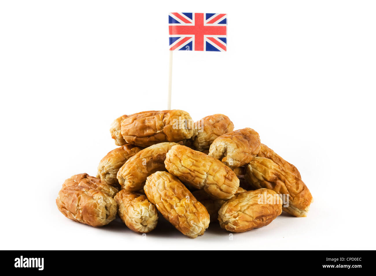Pile of sausages with union jack on white Stock Photo