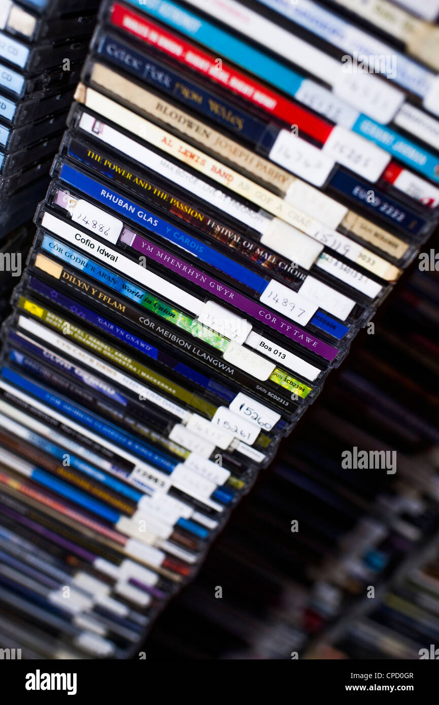 Stacks of welsh language audio music CDs in a public library, UK Stock Photo