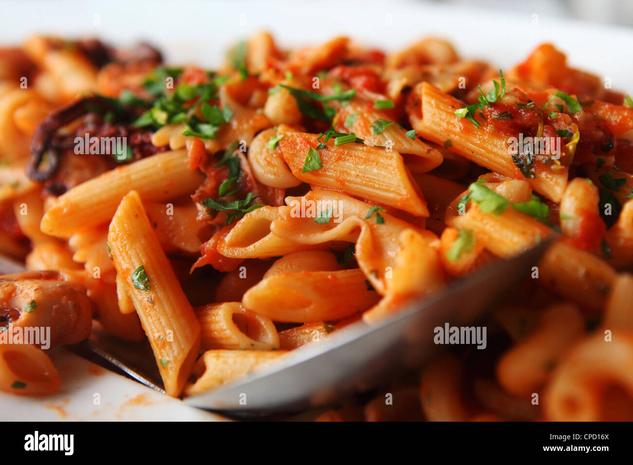 Fresh pasta is served in a restaurant in Arnea, Halkidiki, Greece. Stock Photo