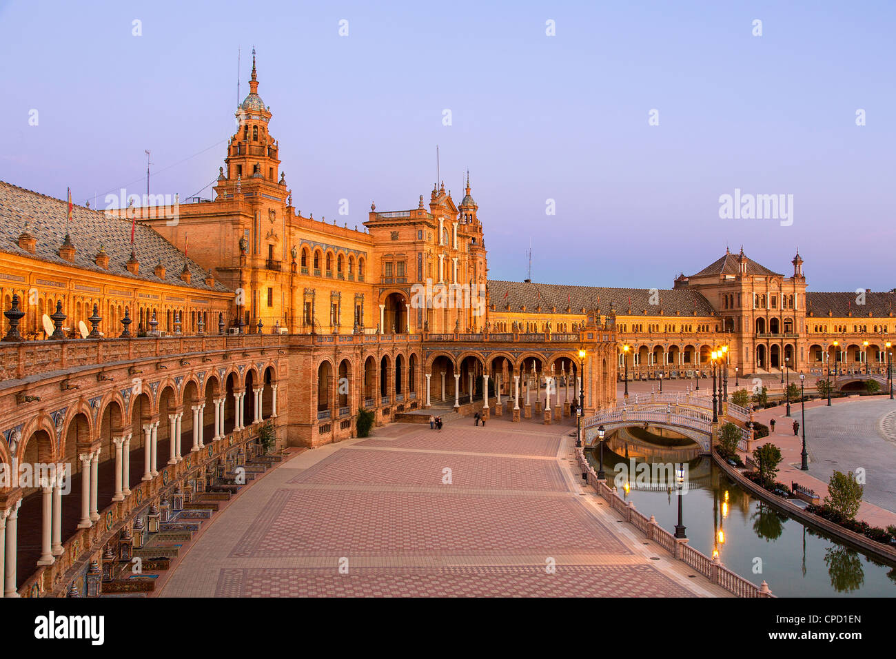 Spain, Andalusia, Seville, Plaza de Espana at Dusk Stock Photo
