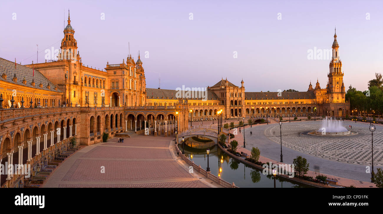 Spain, Andalusia, Seville, Plaza de Espana at Dusk Stock Photo