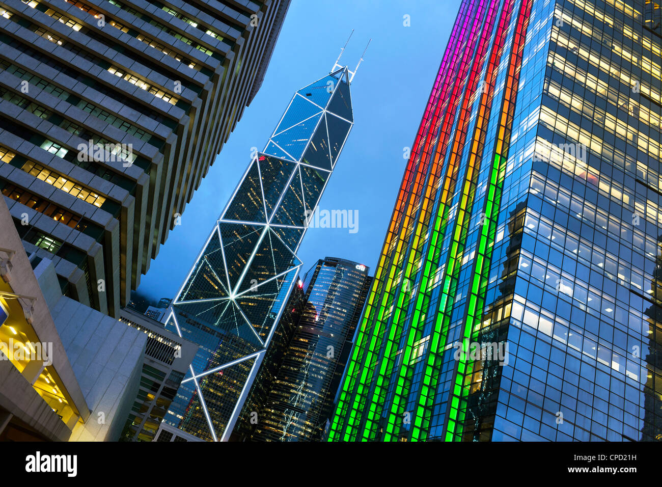 Bank of China building and Hong Kong skyline at dusk, Hong Kong, China Stock Photo