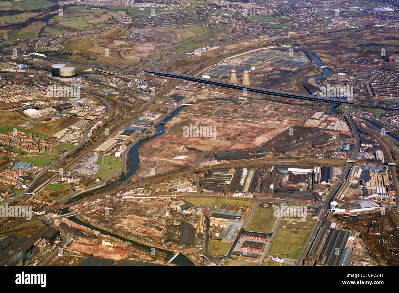 historic and rare aerial view of Meadowhall in Sheffield in March 1986 before the shopping centre was built Stock Photo