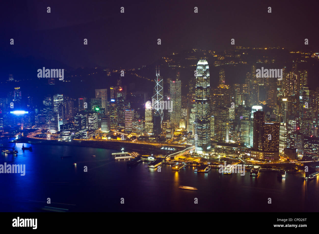 High angle view of Central, the main financial district, at night, Hong Kong Island, Hong Kong, China, Asia Stock Photo