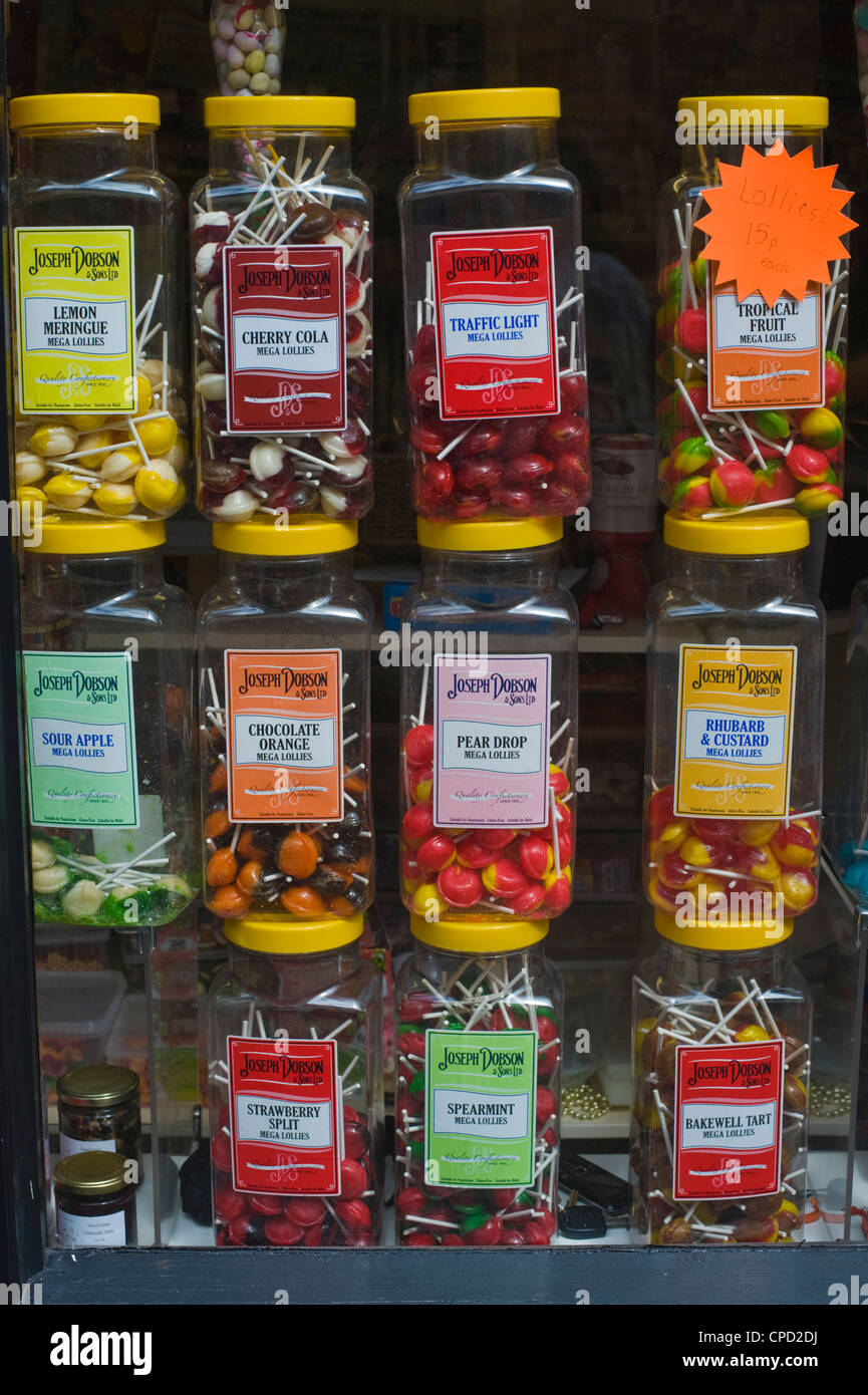 Jars of sweets in window of traditional sweet shop in Ludlow Shropshire