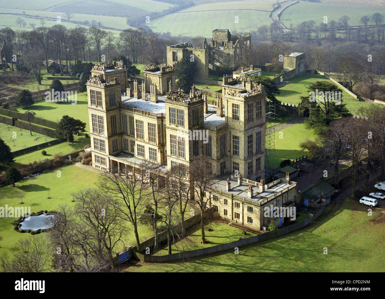 historic aerial view of Hardwick Hall, the Elizabethan masterpiece mansion near Chesterfield in Derbyshire, taken March 1986 Stock Photo
