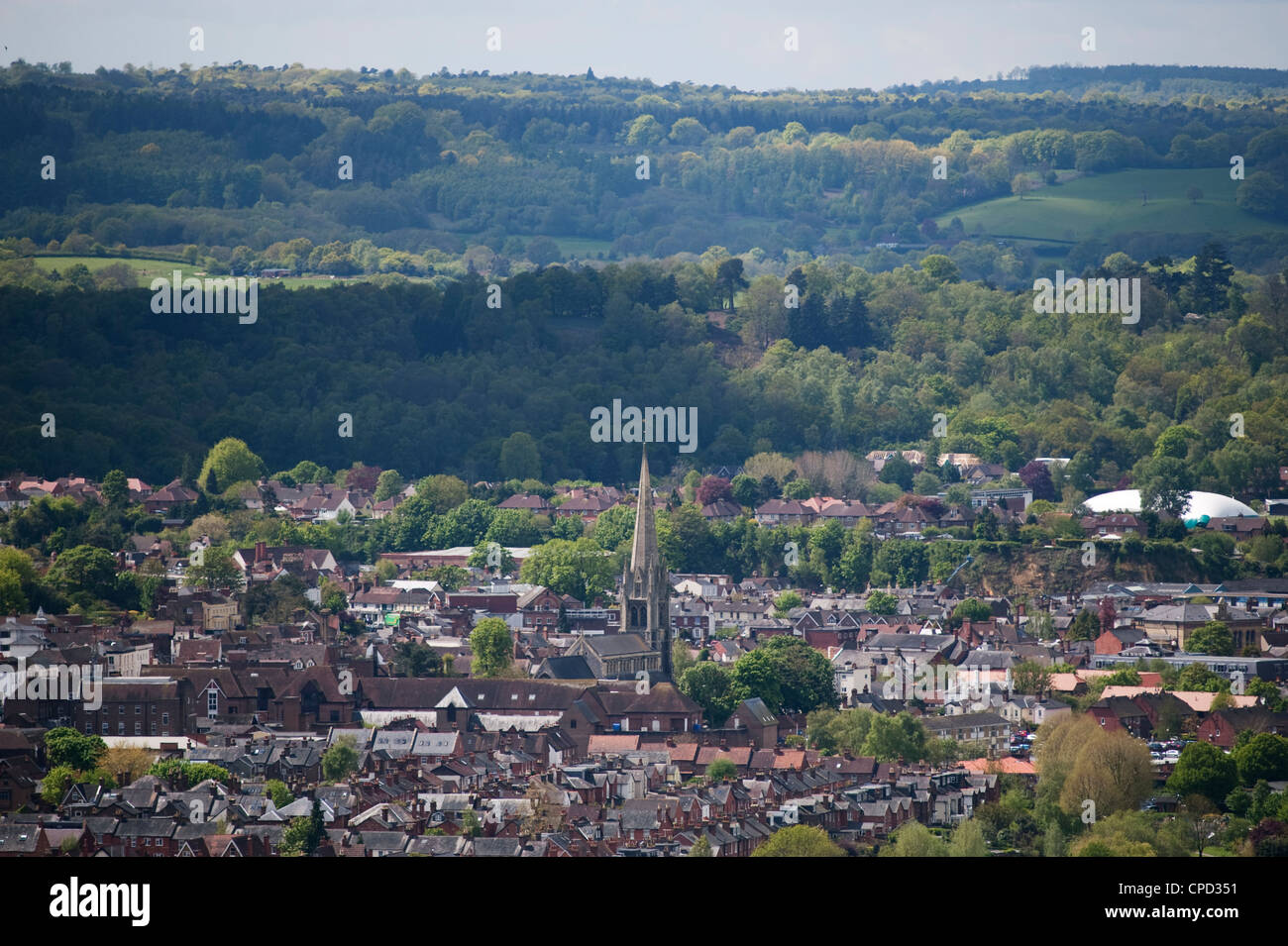 The town of Dorking in Surrey, England, surrounded by the North Downs chalk hills Stock Photo
