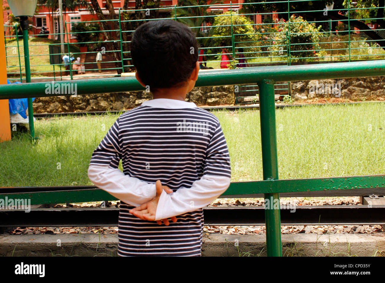 3 year old Indian boy looking afar with hands crossed behind Stock Photo