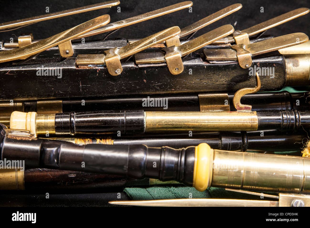 Close up of set of Irish bag pipes Uilleann pipes Stock Photo Alamy