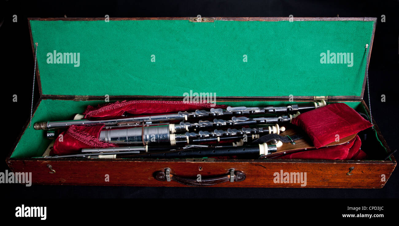 Set of uilleann pipes made by the late Alain Froment. Stock Photo