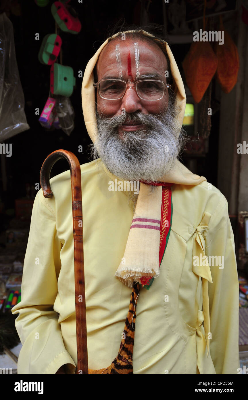 the elderly brahmana Vaisnava looks with kindness in his eyes Stock Photo